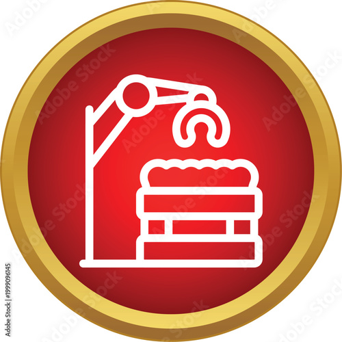 Robotic arm icon performing automated production tasks in a manufacturing environment