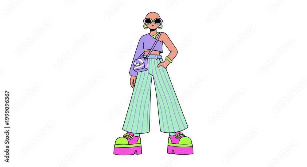 Fototapeta premium A woman wearing sunglasses poses confidently in stylish green pants and purple top outdoors.