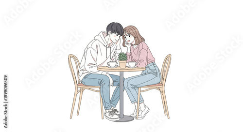 Couple sitting closely together at a small table in a cafe