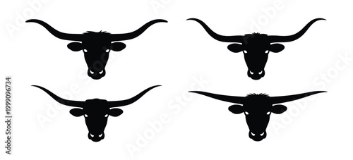 Bull head icons with long horn silhouette design, strong animal logo vector template