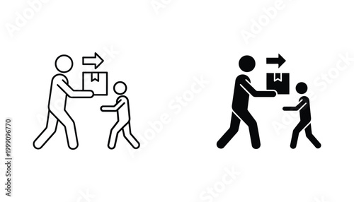 Delivery service vector icon set illustrating a person handing over a package to another individual representing safe transfer or donation process