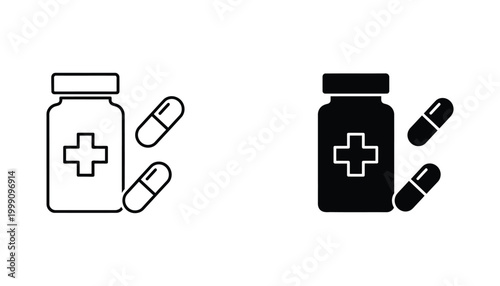 Medicine bottle with a cross symbol and two capsules illustrating pharmaceutical healthcare or prescription drug treatment icon vector