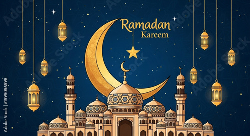 Ramadan Kareem greeting with crescent moon mosque and hanging lanterns Islamic celebration illustration for religious events and holidays