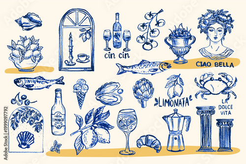 Whimsical crayon sketch collection of Italy inspired dining elements croissants, lobster, lemons, and Amalfi coast motifs in retro line art style for culinary projects.