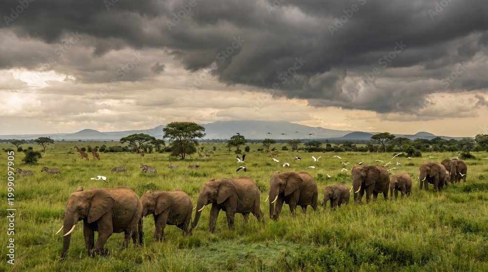 Obraz premium Herd of Elephants Walking Across African Savannah Under Stormy Sky