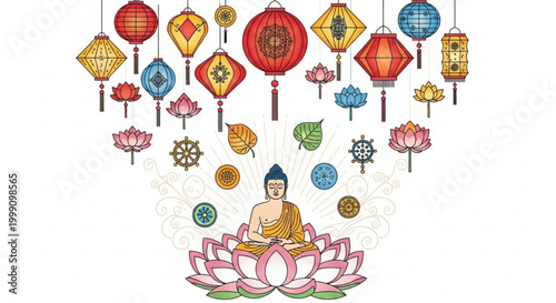 Buddha meditating on lotus flower surrounded by traditional lanterns and Buddhist symbols vector illustration for spiritual and cultural concepts