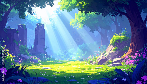 Dreamy fantasy forest landscape with magical light rays and ruins