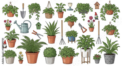 Collection of potted plants and gardening tools flat vector illustration for home decor and nature concepts isolated on white background
