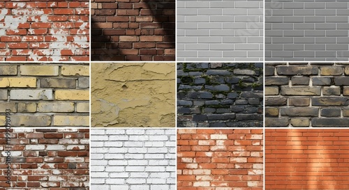 Assorted brick and stone wall textures in a grid arrangement