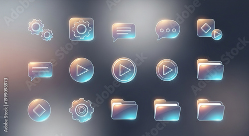 Set of glossy 3D icons for UI design including settings chat media playback and folders with a soft ethereal glow on a blurred background