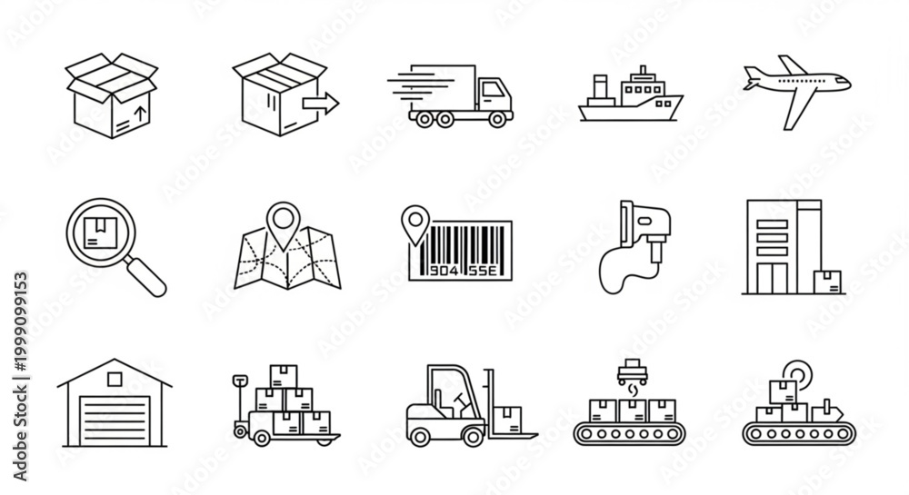 Fototapeta premium Logistics and delivery icons including boxes trucks ships planes maps and warehouses for transportation and supply chain concepts flat vector illustration