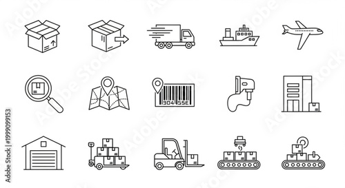 Logistics and delivery icons including boxes trucks ships planes maps and warehouses for transportation and supply chain concepts flat vector illustration