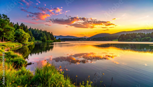 Serene lakeside landscape at sunset with mountain reflections on water