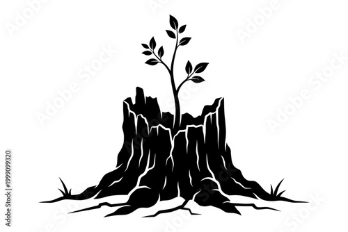 Black and white illustration of a stump with a small tree sprouting from it symbolizing growth and renewal editable vector silhouette