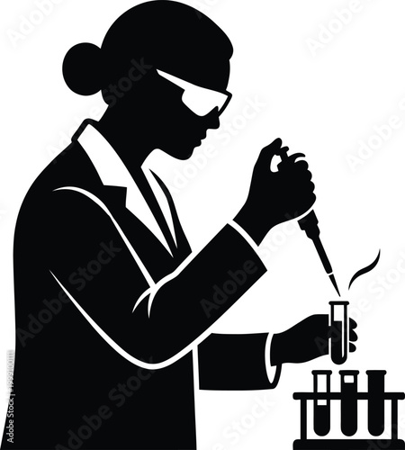 Scientist silhouette conducting laboratory experiment with test tubes and pipette in professional attire editable vector silhouette