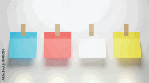 Four colorful sticky notes hanging on a string with wooden clips
