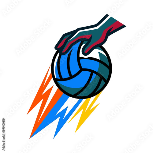 Dynamic volleyball with a hand spiking the ball against a colorful flamelike background editable vector silhouette