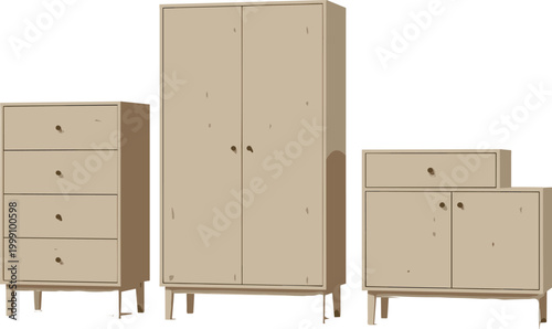 Minimal wooden furniture set wardrobe cabinet and chest of drawers vector illustration modern home interior storage design elements collection