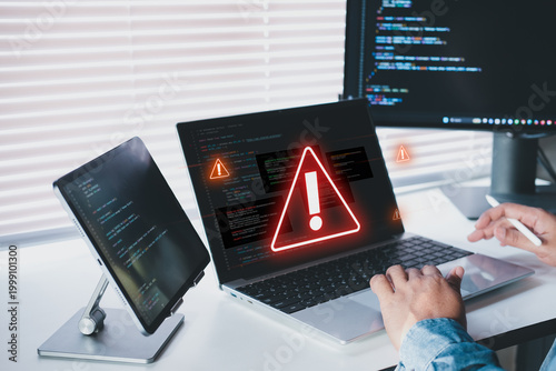 Photos AI system monitoring alert on laptop dashboard with warning signal, anomaly dete