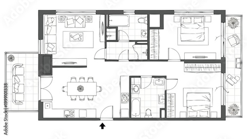 Detailed overhead architectural drawing of a spacious multi bedroom residential floor plan showcasing living areas dining room kitchens bathrooms and outdoor balcony spaces for real estate