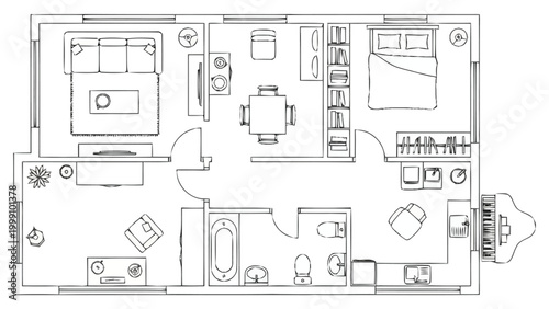 Blueprint drawing accurately depicts a furnished residential dwelling plan showing multiple rooms including living area bedroom kitchen bathroom and dining space suitable for architectural