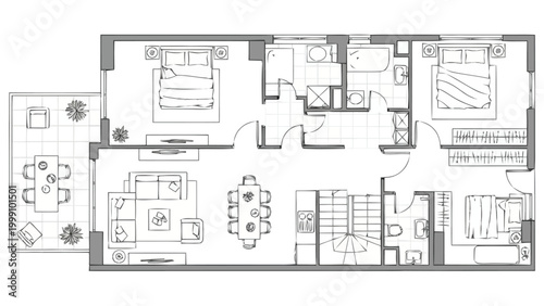 Comprehensive Architectural Blueprint of a Spacious Residential Dwelling Featuring Multiple Bedrooms Living Areas Kitchen Bathrooms and Outdoor Terrace Space Ideal for Real Estate Development
