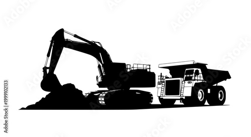 Heavy Machinery Excavator and Dump Truck Silhouette Illustration