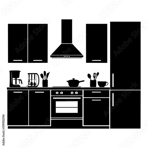 Modern kitchen interior silhouette with furniture and domestic appliances