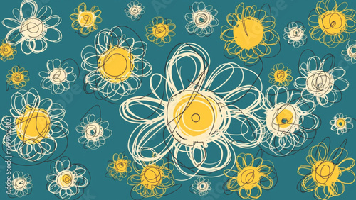 Seamless pattern of simple daisy flowers, soft cream petals  background