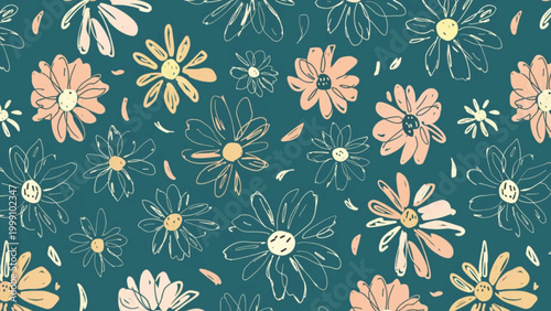 Seamless pattern of simple daisy flowers, soft cream petals  background
