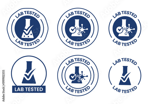 Lab Tested Certification Seal Set with Beaker Flask and Antibacterial Virus Protection Icons for Quality Assurance