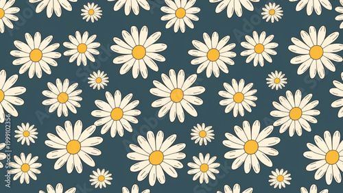 Seamless pattern of simple daisy flowers, soft cream petals  background