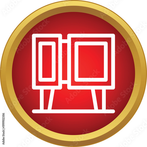 White outline of a cabinet or dresser icon on a vibrant red and gold background