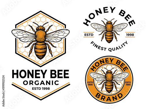Vintage Honey Bee Logo and Badge Set for Organic Apiary and Natural Products Labeling