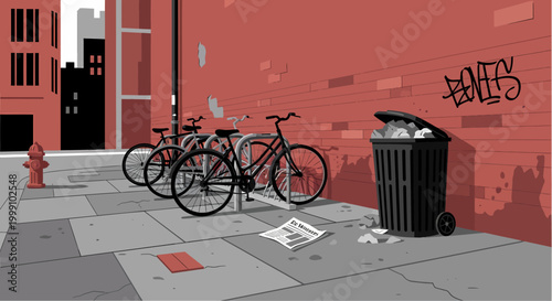Bicycles parked on a city sidewalk next to a trash can.