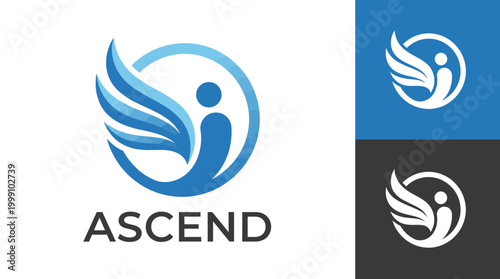 A modern logo design featuring a stylized human figure embraced by wings, symbolizing growth, positivity, and reaching new heights in business or personal development.