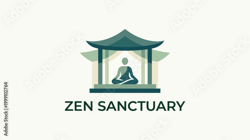 The image showcases a serene zen sanctuary with a meditating figure, surrounded by minimalistic architecture, embodying tranquility and mindfulness.