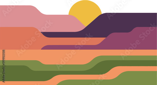 Landscape illustration features layered hills and a sun in a minimalist geometric style.