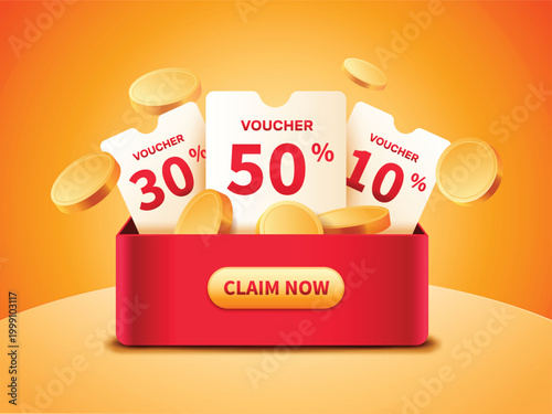 3d Many voucher in red box with money. Promotion design  for e-commerce and marketing campaign.