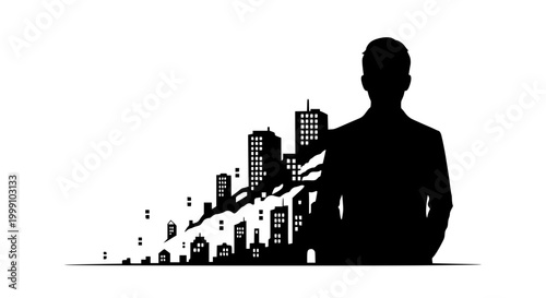 Silhouette of a businessman merging with an urban city skyline pixelated effect