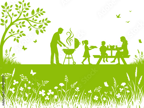Happy Family Outdoor Barbecue Picnic in Green Nature Park Silhouette Illustration
