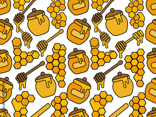 Seamless Honey Pattern with Honey Pots, Wooden Dippers, and Golden Honeycomb Illustrations on a White Background for Packaging and Textile Design