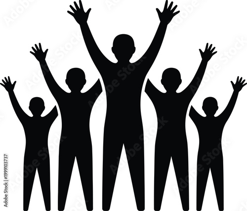 Black silhouette of five people with arms raised in the air, standing together in a unified stance, representing celebration, success, joy, and collective achievement, on a white