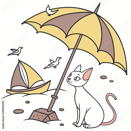SVG art: A Shy Sphynx cat in a Beach day vibe with under an umbrella, tinted with Ocean Breeze tones