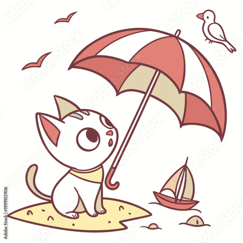 Surprised Sphynx cat with under an umbrella, set in a charming Beach day theme – Ocean Breeze color vector art