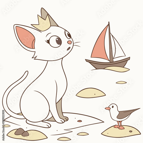 Cute Surprised Sphynx cat, accessorized with with a tiny crown, in a Beach day world – Ocean Breeze palette vector