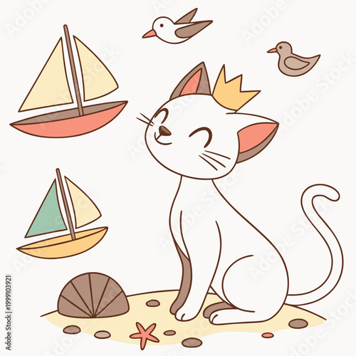 Charming SVG of a Cheerful Sphynx cat featuring with a tiny crown, styled in a Beach day theme with Ocean Breeze hues