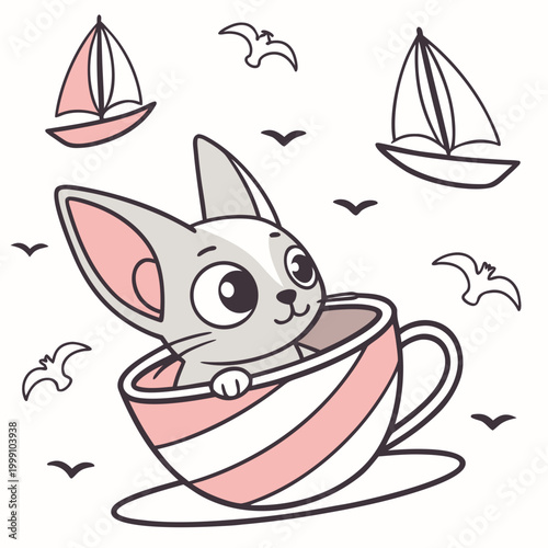 Whimsical Sphynx cat feeling Curious in a Beach day setting with in a teacup – colored in Ocean Breeze