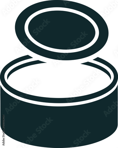 A dark teal and white of an open tin can, with the lid partially lifted, revealing the empty interior, symbolizing food storage, preservation, or consumption.keywords: tin can, open can, food can