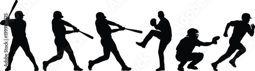Baseball action silhouettes with batter pitcher catcher and runner isolated on white background for sports design